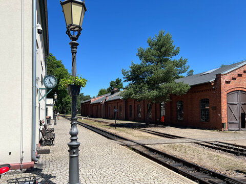 Historic Narrow Gauge Railway Station in Rudy, Poland. Station building with platform