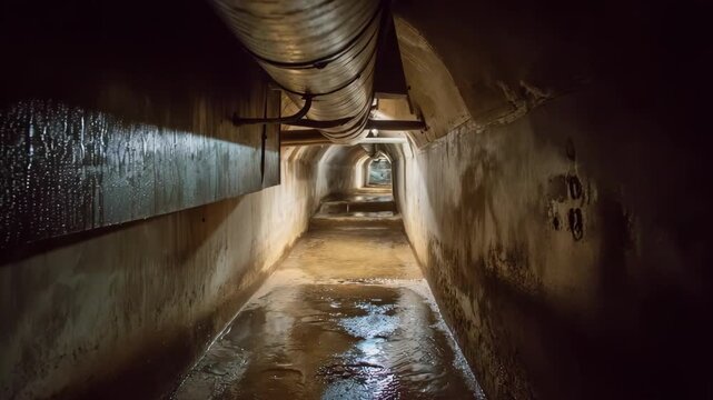 Close medium view of a leachate collection tunnel with wet pipes designed to manage and transport contaminated liquid waste in a rainy urban underground system.