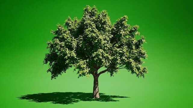 Realistic leafy tree isolated on green screen background, chroma key nature element for compositing, motion graphics and VFX