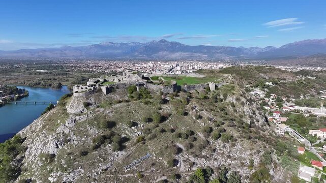 Rozafa Castle in Shkodra, Albania, historic fortress ruins with panoramic views over Lake Shkodra and rivers