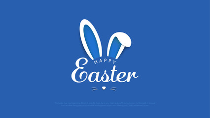 Fototapeta premium Happy Easter greeting card with white and blue Easter Bunny isolated on a blue background, vector minimal illustration