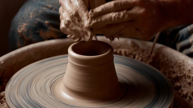 Mature woman ceramist in dark workshop makes mug out of clay. Closeup of female potter hands. Art and small business. Creation of ceramic products. Person at work creating handmade cup in studio