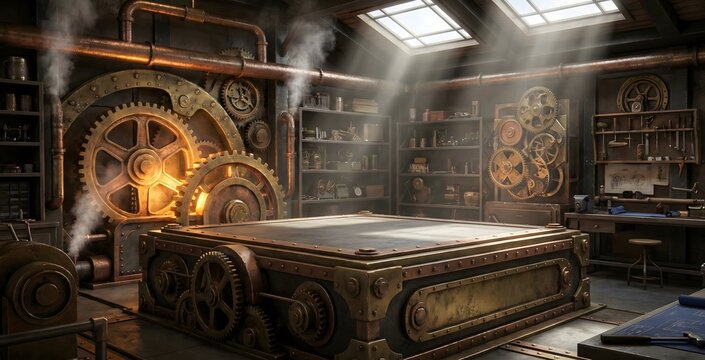 A dramatic steampunk workshop showcases intricate brass gears, industrial machinery, and a central workbench bathed in light from overhead skylights.