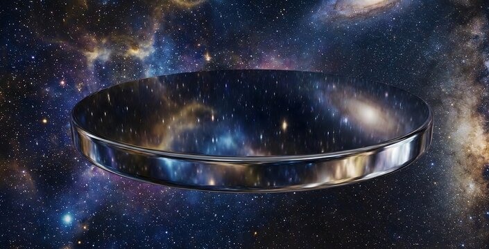 A metallic ring structure floats reflecting the vibrant nebulae and stars of the distant galaxy it resides within.