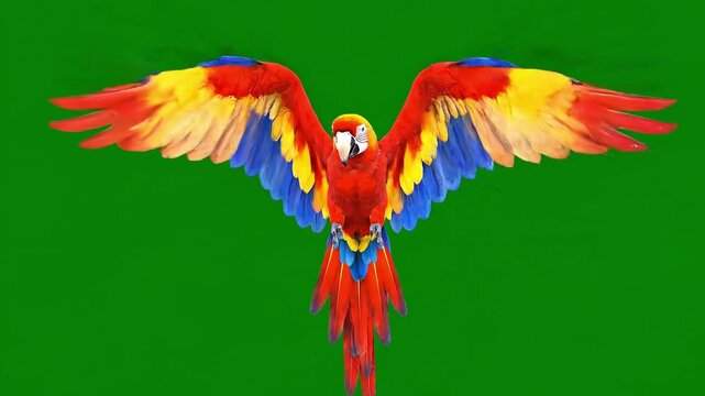 Scarlet macaw parrot flying with wings spread isolated on green screen, front view tropical bird for chroma key compositing and VFX