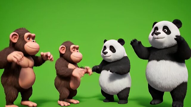 Animation of a chimpanzee and a panda jumping together happily on green screen background.
