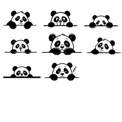 collection of 8 adorable pandas peeking over a line, each with their own unique expression, evoking a sense of curiosity and playfulness. vector illustration