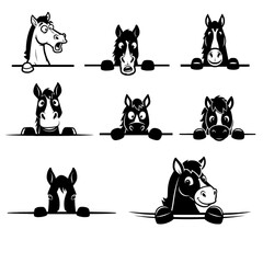 collection of 8 peeking cartoon horse illustrations with various expressions, vector illustration