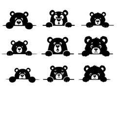 collection of 9 charming cartoonish black bears peeking over a line, each with a different expression, vector illustration