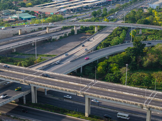 Aerial view city transport junction cross modern road morning light with vehicle movement