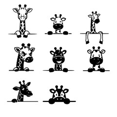 8 Playful cartoon giraffe characters peek over a banner, each expressing a different emotion. This dynamic illustration showcases a collection of unique giraffe expressions. vector illustration