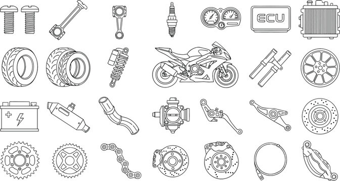 Comprehensive Motorcycle Spare Parts Vector Icon Set Featuring Racing Bike Engine Components Suspension Tires Brakes And Electrical Systems