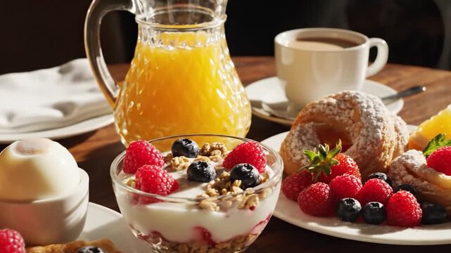 Gourmet Breakfast Spread with Fresh Berries, Yogurt Parfait, Croissant, Orange Juice & Coffee, 4K Food Photography &ndash; Healthy & Indulgent Start