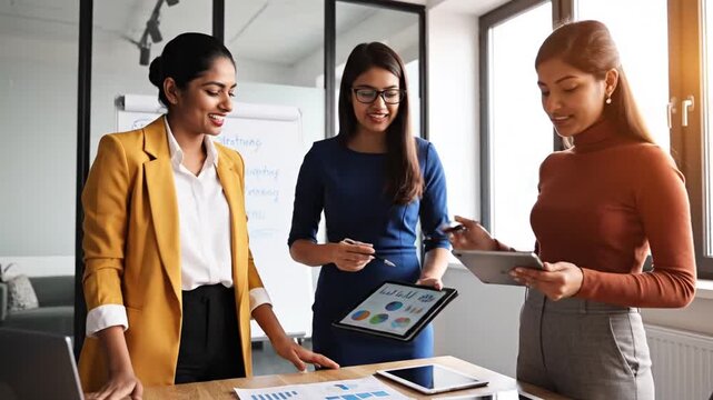 Businesswomen Team Discussing Project Details in Office Meeting, Planning and Analyzing