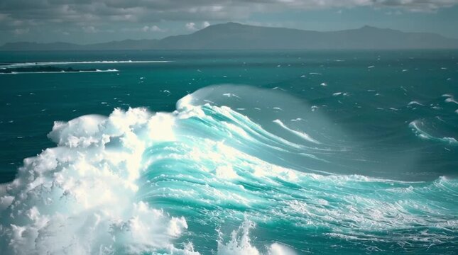 Waves crash and break on a sandy beach and rocky shore under a blue sky by the ocean