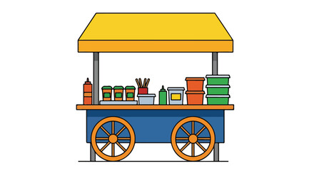Colorful illustration of a street food cart with a yellow canopy, blue body, and orange wheels, against a clean white background.