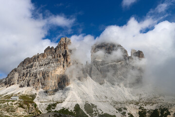 Tre Cime di Lavaredo Dolomites landscape seen from Rifugio Auronzo path