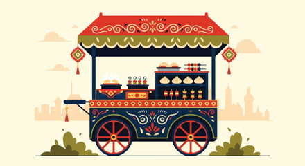 Colorful illustration of a traditional food cart with a red roof and decorative design against a city skyline background.