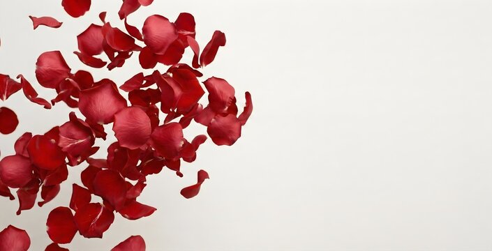 Vibrant red rose petals gracefully fall across a clean white background, providing ample space for text.