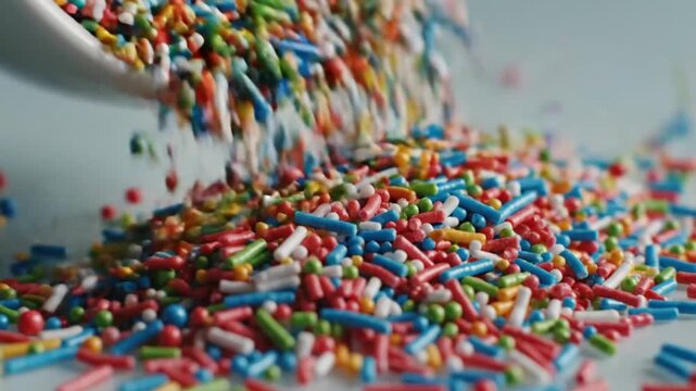 Colorful sprinkles pouring from a bowl in slow motion, macro food shot, dessert concept