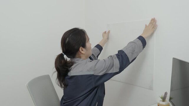 Asian female construction worker is attaching corrugated plastic sheets to a concrete wall in an office.