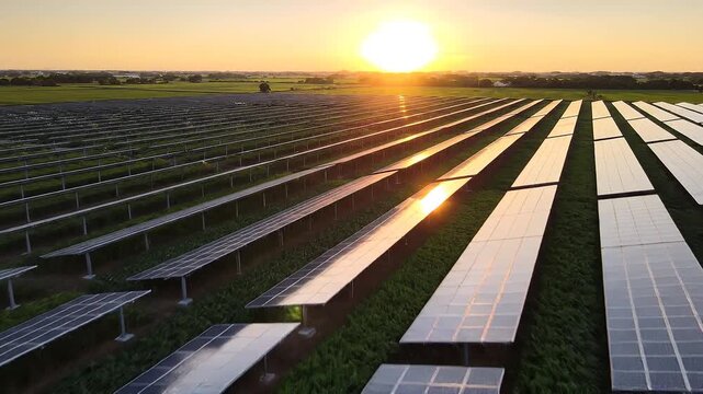 Solar energy farm at sunset, renewable power generation