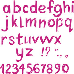 Lowercase hand drawn pink alphabet with figures and punctuation marks. Symbol isolated on white.