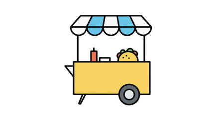A simple cartoon illustration of a yellow food cart with a striped awning on a white background.