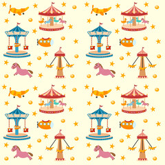 Seamless pattern with festive merry-go-round, vintage carousel with horses. Background seamless pattern vintage carousel. © Nabilatun Nadiyah