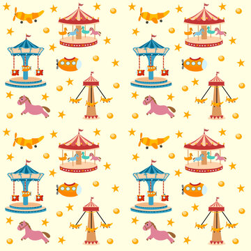 Seamless pattern with festive merry-go-round, vintage carousel with horses. Background seamless pattern vintage carousel.