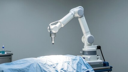Robotic surgical arm poised over a patient in a medical setting with sterile equipment nearby ready for precise operation.