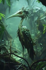 Obraz premium Mystical Jungle Guardian: A Birdlike Creature Amidst Lush Green Foliage