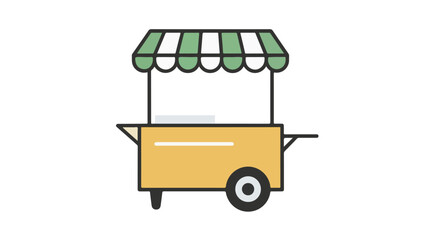 Simple illustration of a yellow food cart with a green and white striped awning on a plain background.