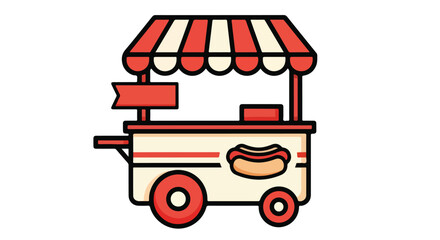 Flat illustration of a hot dog cart with a striped awning on wheels against a white background.
