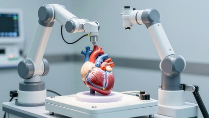 Robotic arms operating on a detailed anatomical model of the human heart in a medical laboratory setting with precision and accuracy demonstrating advanced medical technology and innovation in healthc