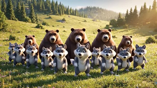 A pack of cheerful brown bears and gray wolves danced in a clearing in the middle of a sunlit forest.
