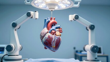 Detailed model of human heart suspended from surgical light in medical setting with mechanical arms visible on both sides of the image