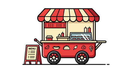 Colorful illustration of a red food truck with a striped awning and menu board on a white background.