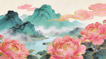Naklejka premium Modern Guochao landscape illustration with pink peonies and misty mountains