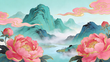 Fototapeta premium Modern Guochao landscape illustration with pink peonies and misty mountains