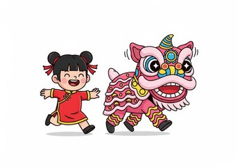 Fototapeta premium Cheerful Girl Running with Colorful Dragon Dance Costume in Celebration
