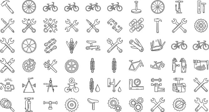 Comprehensive vector icon set of bicycle repair tools and mountain bike maintenance symbols isolated on white background.
