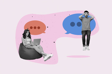 Naklejka na ściany i meble Creative full art collage of happy girl guy stand communication icon dialogue conversation speech distance chat discussion