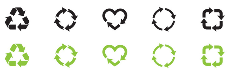 Obraz premium Recycle vector icon set. Arrows, heart and leaf recycle eco green symbol. Rounded angles. Recycled signs illustration isolated on white background. Recycling arrow ecofriendly. Vector Illustration.