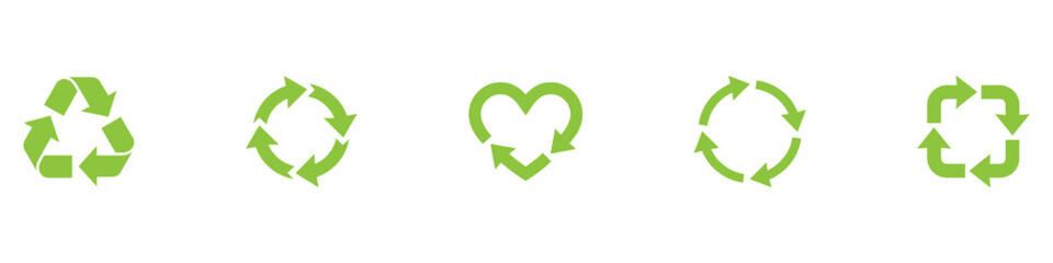 Recycle vector icon set. Arrows, heart and leaf recycle eco green symbol. Rounded angles. Recycled signs illustration isolated on white background. Recycling arrow ecofriendly. Vector Illustration.