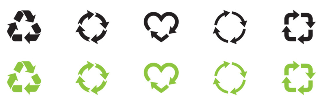 Recycle vector icon set. Arrows, heart and leaf recycle eco green symbol. Rounded angles. Recycled signs illustration isolated on white background. Recycling arrow ecofriendly. Vector Illustration.