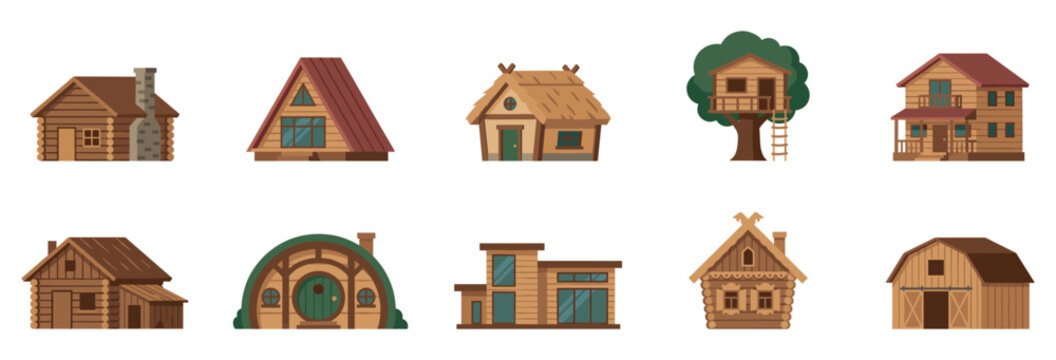 Wooden House and Cabin Icon Set Rustic Log Homes Treehouse Barn and A-Frame Cottages Collection