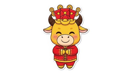 Obraz premium Cute cartoon cow character in festive red outfit celebrating New Year