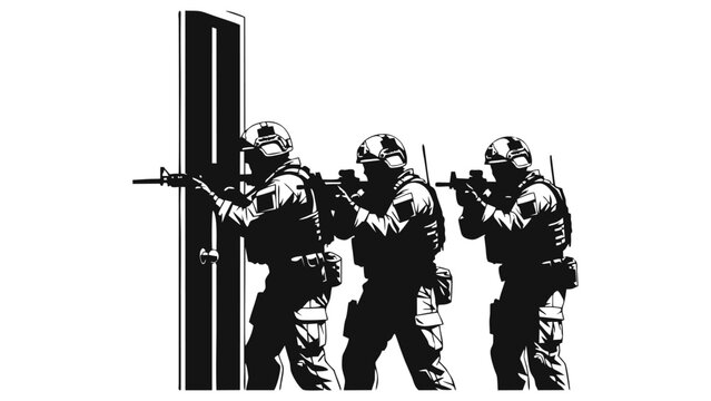 Black and White Illustration of SWAT Team or Special Forces Conducting Dynamic Entry Through a Doorway