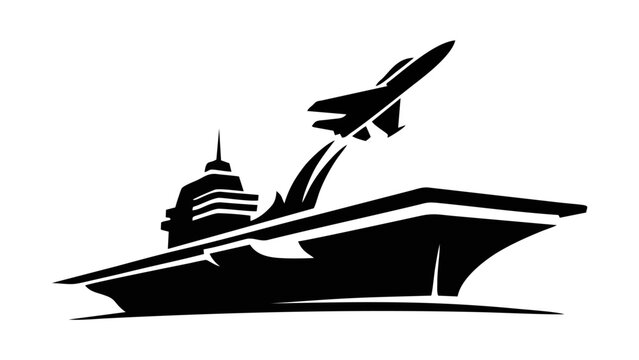Black Silhouette Vector Icon of Aircraft Carrier Launching a Fighter Jet